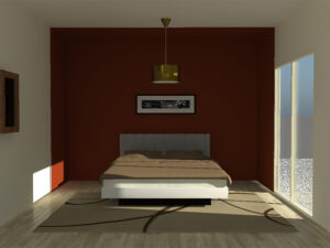 chambre avec un lit, un tableau, un miroir et un tapis. Une boite est crée autour du lit pour donner un effet cocon, alors que le reste des murs sont blanc