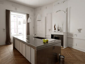 Une belle cuisine moderne sur un parquet ancien en pointe de hongrie