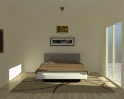 la chambre neutre, avec l'ensemble des murs peints en blanc chambre avec un lit, un tableau, un miroir et un tapis, et l'ensemble des murs sont blanc