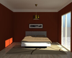 abaisser la hauteur avec une bande blanche au niveau du plafond chambre avec un plafond blanc et une bande blanche, le reste des murs est peint avec une couluer chaude rouge-orangé