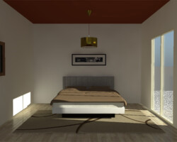 changer la hauteur sous plafond en le peignant en couleur chambre avec un plafond peint d'une couluer chaude rouge-orangé et le reste des murs est peint en blanc