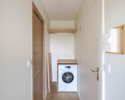 Entrée optimisée avec intégration d'un lave-linge dans le placard Entrée aménagée dans un studio rénové avec optimisation des petits espaces.